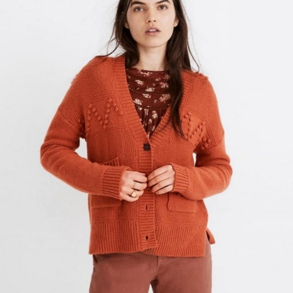 Madewell Bobble Cardigan Sweater Size S Afterglow Red Merino Wool Blend Pockets - Picture 1 of 16
